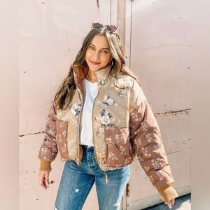 American Eagle Outfitters Floral Puffer Jacket - Brown and Cream